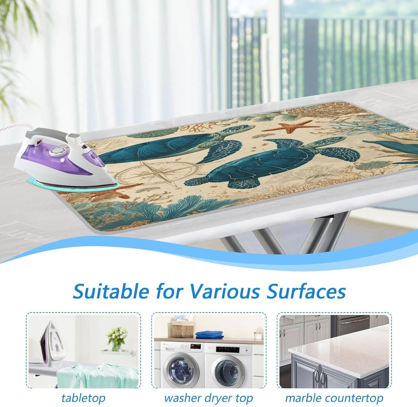 Sea Turtle Corals Starfish Ironing Mat for Table top Portable Ironing Pad Blanket for Washer Dryer Countertop Travel
