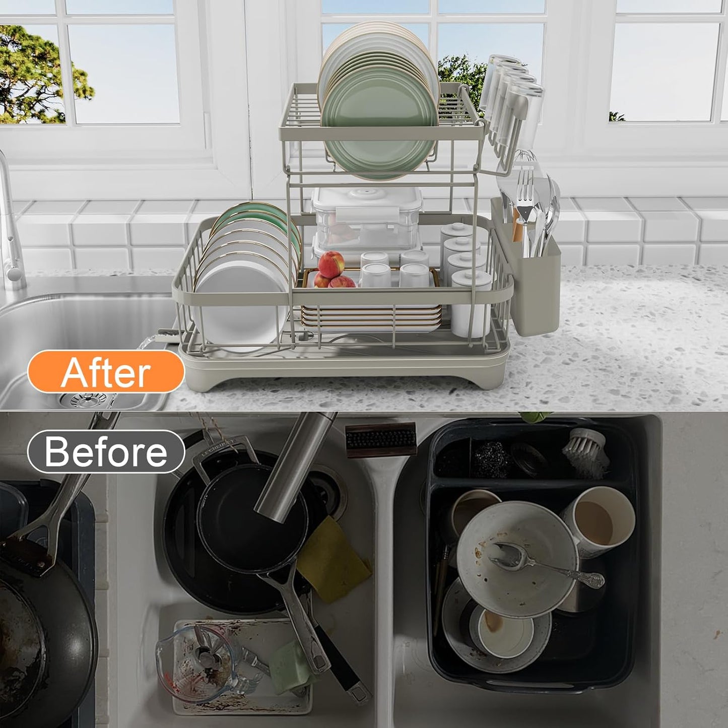 Dish Drying Rack for Kitchen Counter,Two-Tier Dish Rack with Utensil Holder, Auto-Draining Dish Racks, Large Capacity Dish Drainer Organizer for Plates, Bowls, Cups with Drainboard Grey