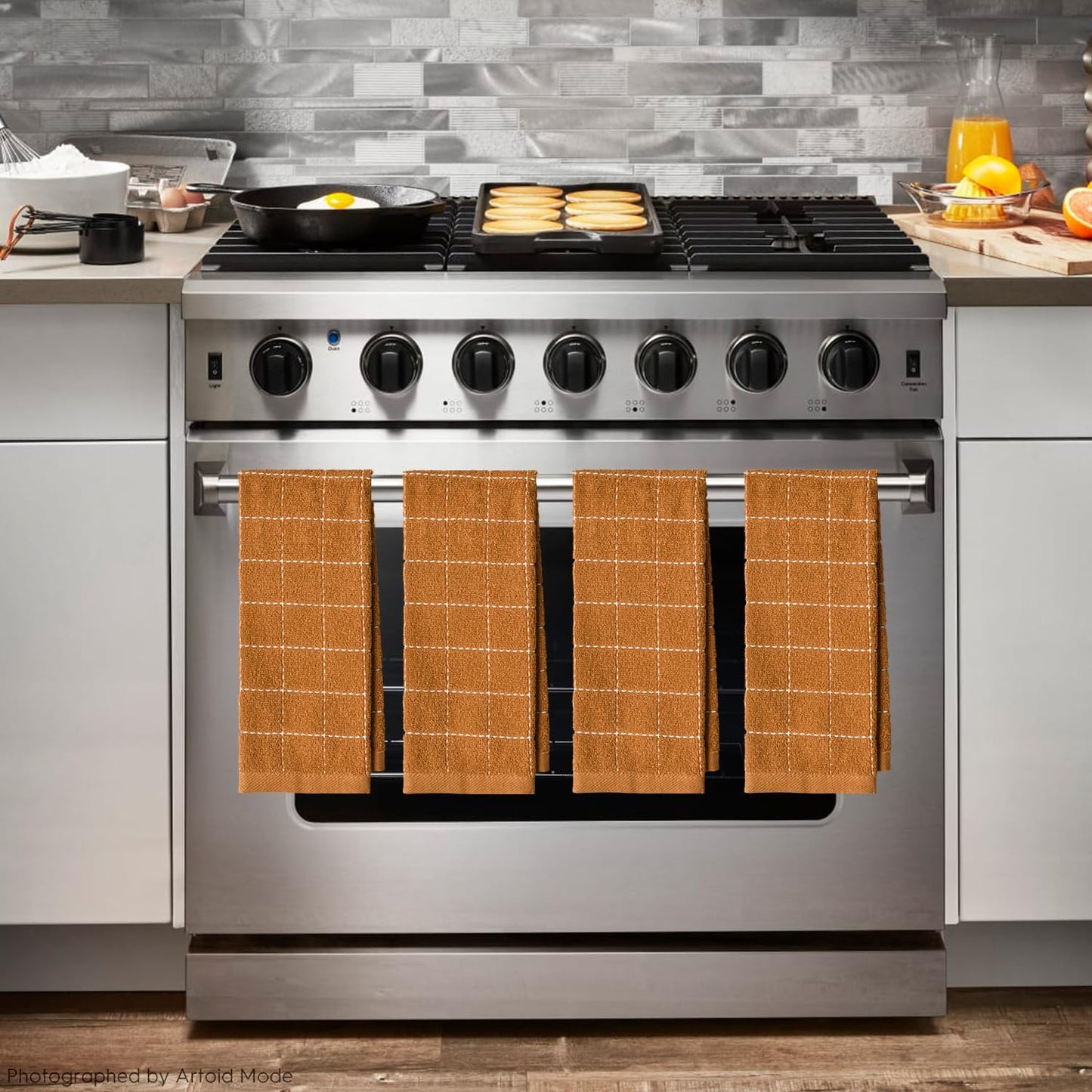 Artoid Mode Checkered Designed Cotton Caramel Orange Terry Kitchen Dish Towels, 15x25 Inch Soft Absorbent Quick Drying Cleaning Tea Towels Set of 4