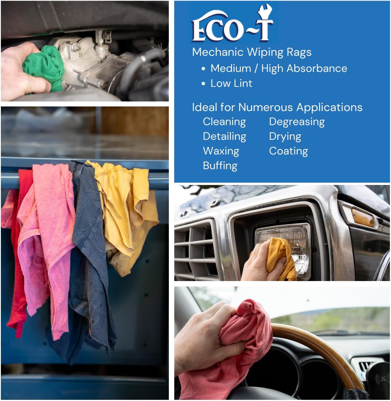 6 x 4 Lb Bags (24 Lbs) Eco-T Mechanic Shop Rags - Colored T-Shirt Material, 100% Recycled, Eco-Friendly, High Absorbency, Low Lint, Low-Cost, Industrial Use Wiping Cloth
