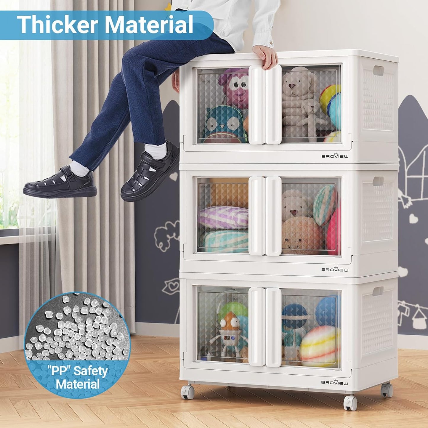 BROVIEW 160Gal Stackable Storage Bins with Lids & Wheels, 640Qt Plastic Collapsible Closet Organizer and Storage Drawers, Storage Boxes Cabinets for Home, Office, 8 Pack, White