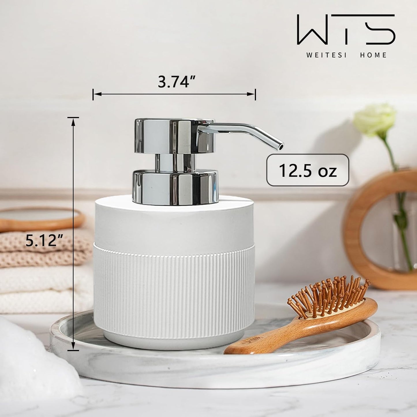 Resin Soap Dispenser for Bathroom, Hand Lotion Liquid Dispenser Easy-to-Press with Reusable Plastic Pump for Shampoo Bathroom Kitchen Countertop Anti-Slip Rust-Proof 12.5 oz White