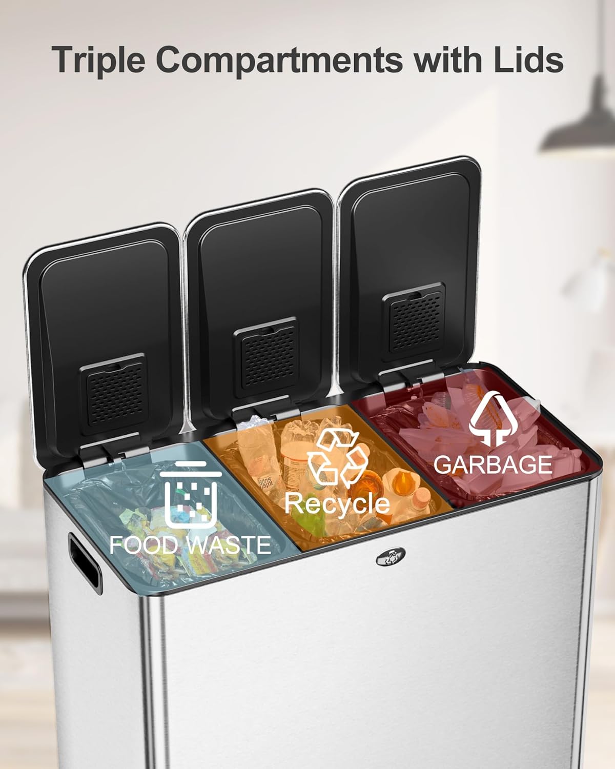 3 x 7.9 Gal (3 x 30L) Trash Can, Stainless Steel Triple Compartment Step-On Recycling Bin with Soft-Close Lids & Removable Plastic Inner Buckets for Kitchen, Home, Office