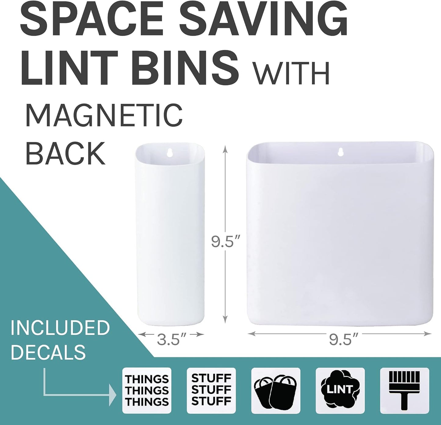 JS Jackson Supplies White Lint Bin with Magnetic Back (Set of 2), Large and Small Space Saving Trash Bins and Organizers for Laundry Room and Kitchen, Wall Mountable
