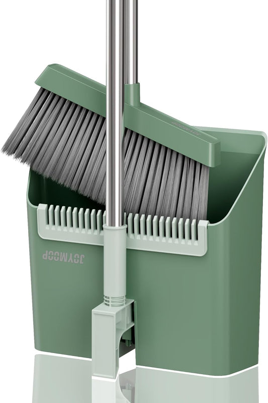 JOYMOOP Dark Teal Green Broom and Dustpan Set, Upright Angle with Built-in Comb Teeth, Ideal for Home, Office, Hardwood, Pet Hair
