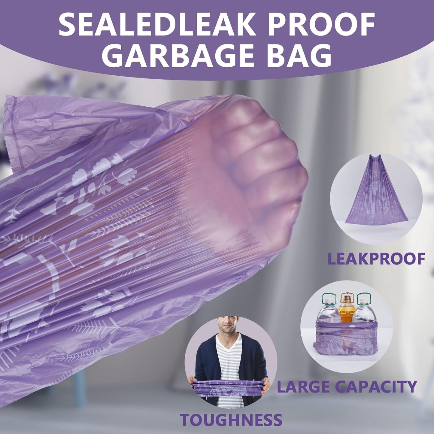 VOK 8 Gallon Trash Bags Drawstring, Medium Trash Bags for Office, Kitchen, Bedroom Trash Cans, Colored Portable Sturdy Garbage Bags 8 Gallon with Lavender Scent, 60 Counts