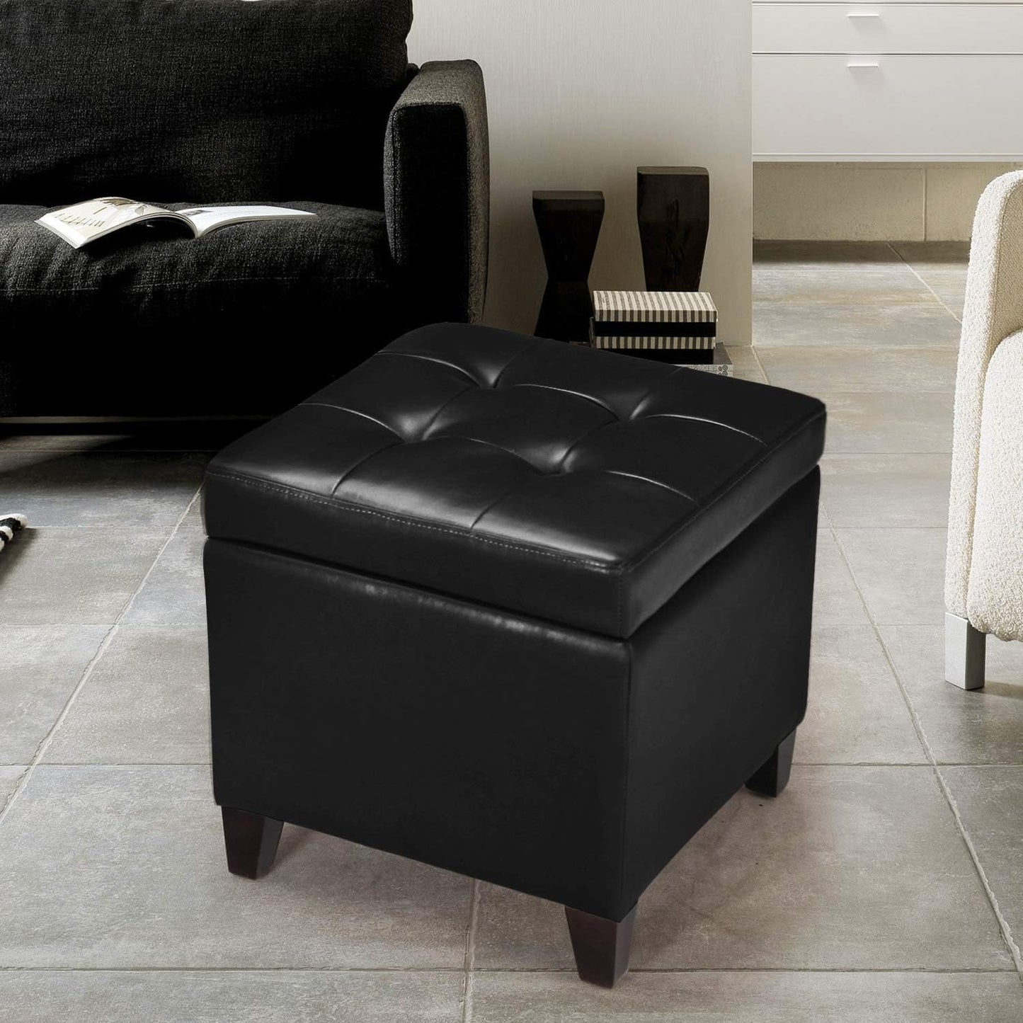 Adeco Storage Ottoman Foot Rest Stool, Leather Ottoman Footstool with Wood Legs and Hinged Lid, 18" Small Foot Stool Bench for Living Room, Bedroom, Black
