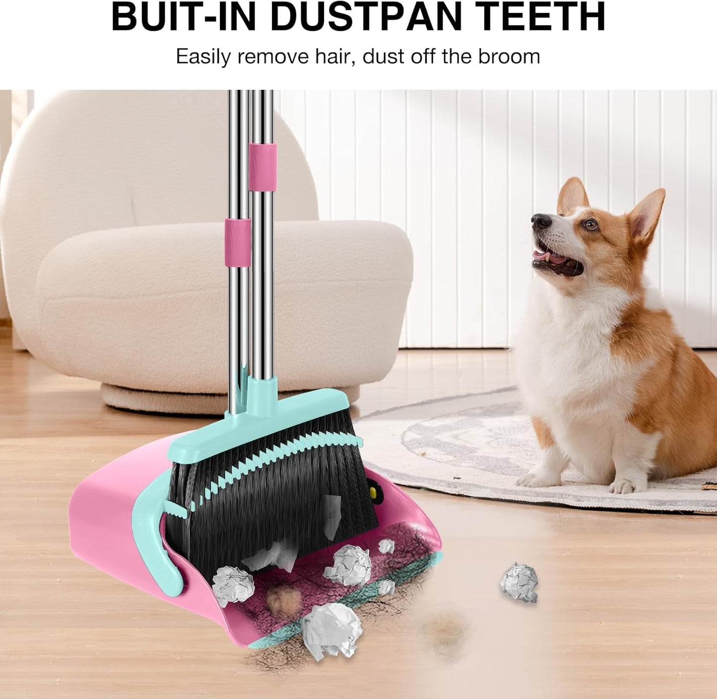 NACENA Broom and Dustpan Set, 52-in Long Adjustable Handle Broom Dustpan Combo with Dustpan Teeth to Automatically Clean Hair Suitable for Home Kitchen Office Hall Floor (Pink&Blue), 4 Pack