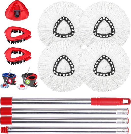 Mop Heads Replacements Complete Combo for O-Ceda,4Pcs White Machine Washable Microfiber Spin Mop Refills Replace Heads,2 Scrub Brushs,1 Base,1 Set Handle,Spin Mop Replacements for Tub and Tile