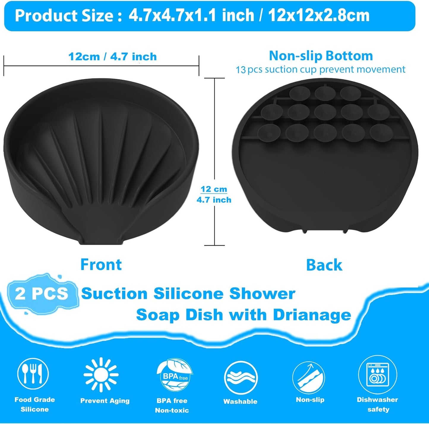 Self Draining Soap Dish, Silicone Suction Cup Soap Holder Tray Savers Container Sponge Holder for Bar Bathroom Shower Kitchen Sink, Can Extend Soap Life (2, Black)