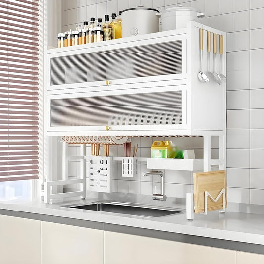 Dish Drying Rack 4 Tiers with Cover, Keep Kitchen Sink Shlef Organized Space-Saving, Large Drying Rack for Dishes, Glasses, Bowls, Cutlery white W-29.5in