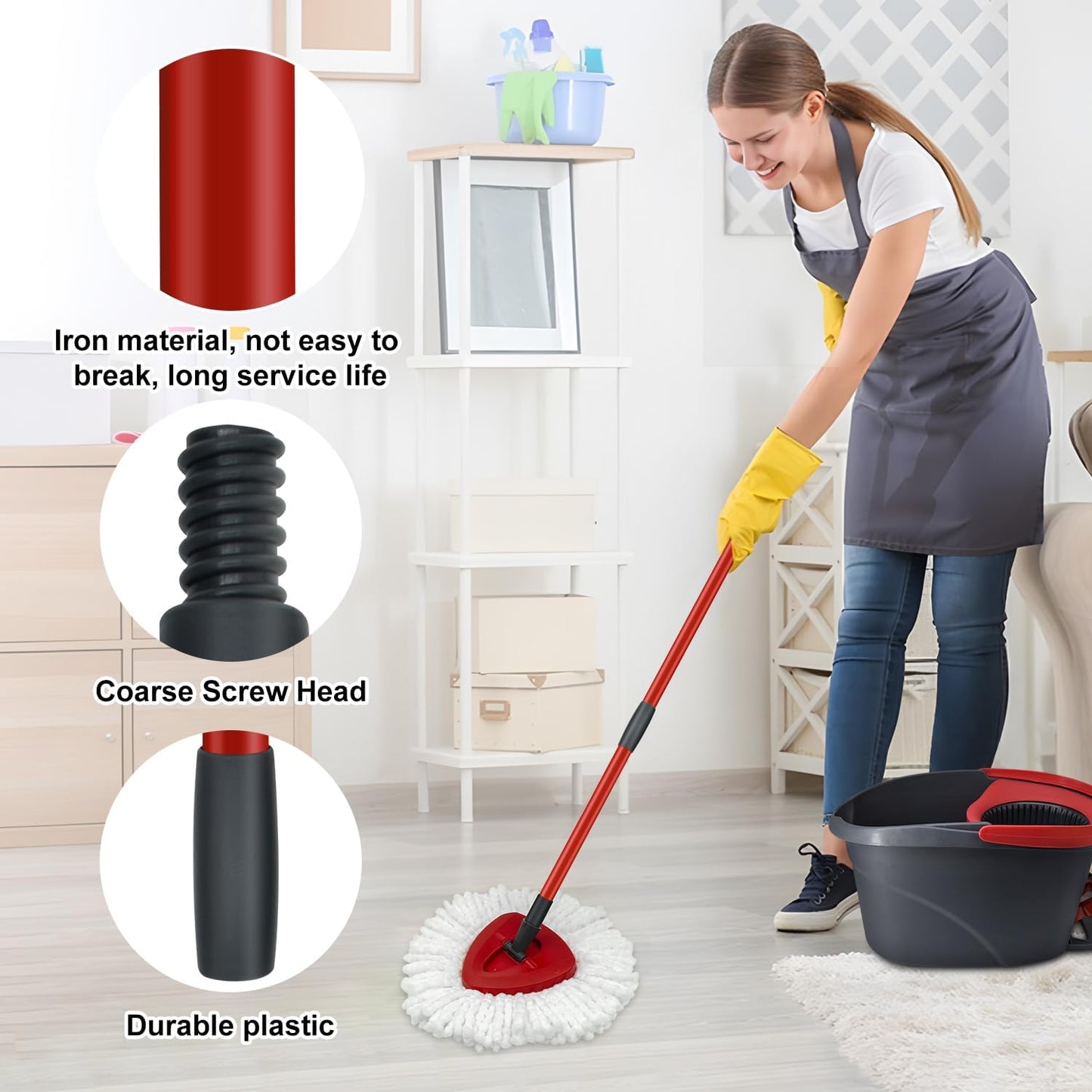 Mop Replace Heads Mop Handle and Mop Base Replacement for O Cedar EasyWring 1-Tank Spin Mop System, 2 Microfiber Mop Head Refills, 4-Section Iron Mop Handle 30-58in and 1 Mop Head Cover Set(No Bucket)