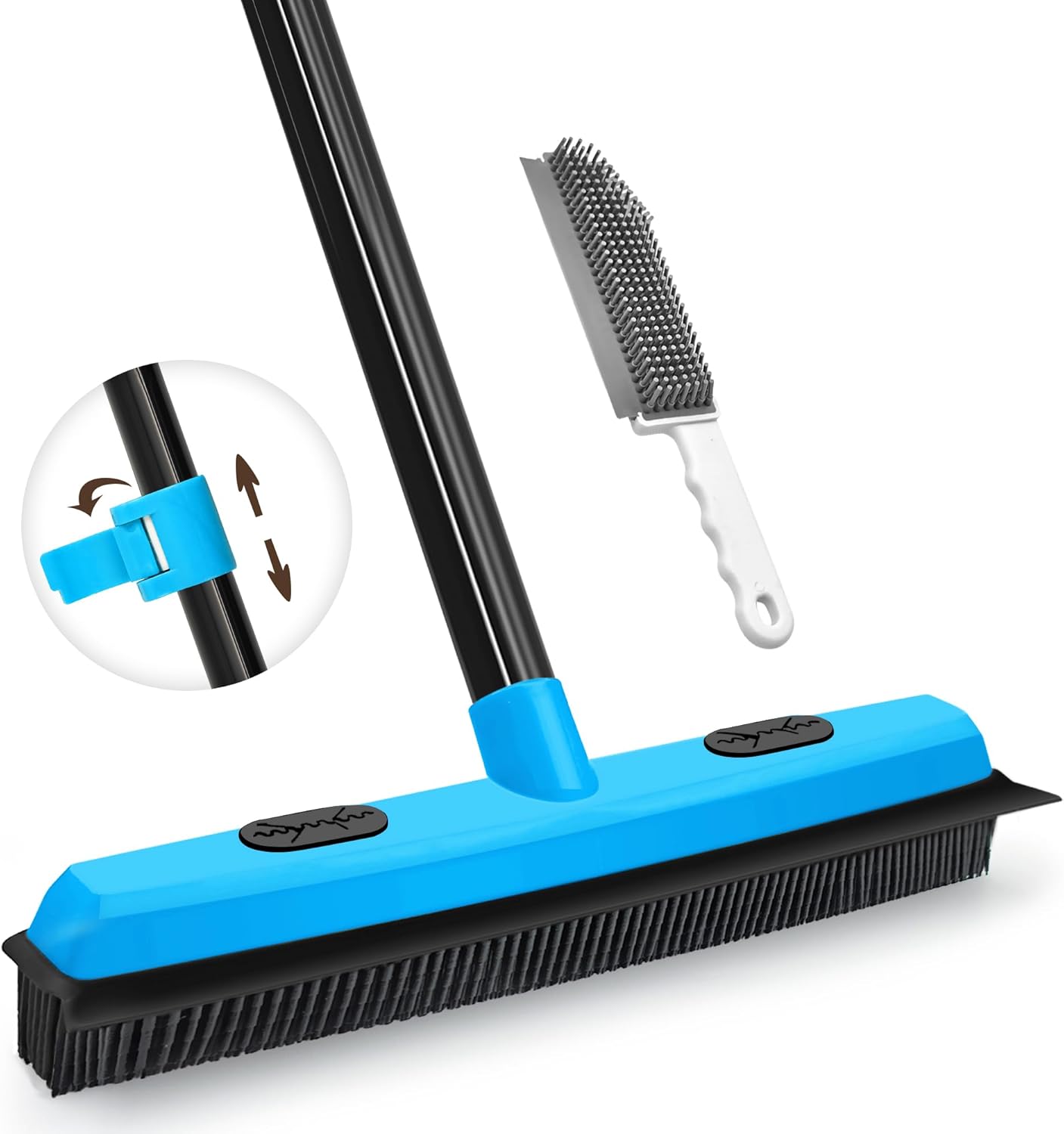 JEHONN Rubber Broom Carpet Rake Brush for Pet Hair with Squeegee, 52.8 inches Long Handle Silicone Fur Scraper Removal Tool with Detailing Lint Comb for Rug, Tile, Hardwood Floor Cleaning (Blue)