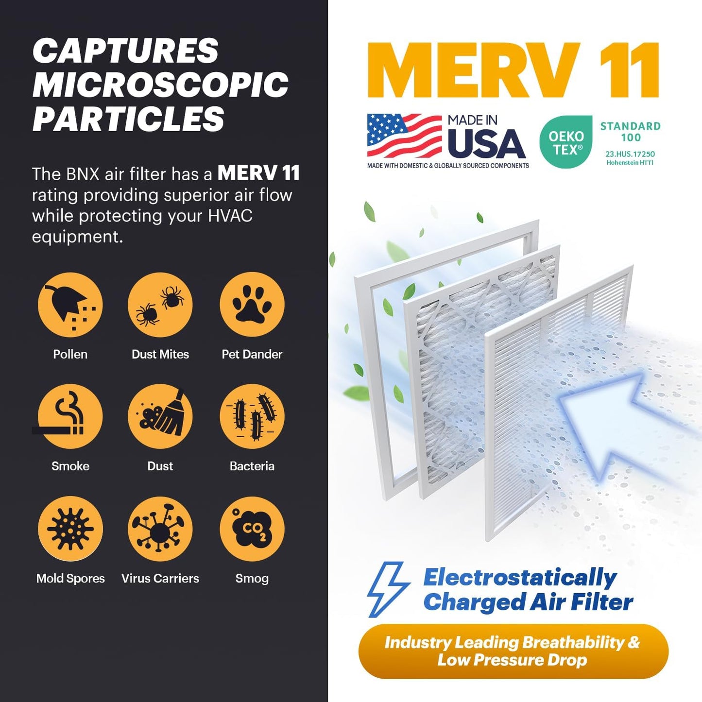 BNX TruFilter 14x14x1 Air Filter MERV 11 (6-Pack) - MADE IN USA - Allergen Defense Electrostatic Pleated Air Conditioner HVAC AC Furnace Filters for Allergies, Dust, Pet, Smoke, Allergy MPR 1200 FPR 7