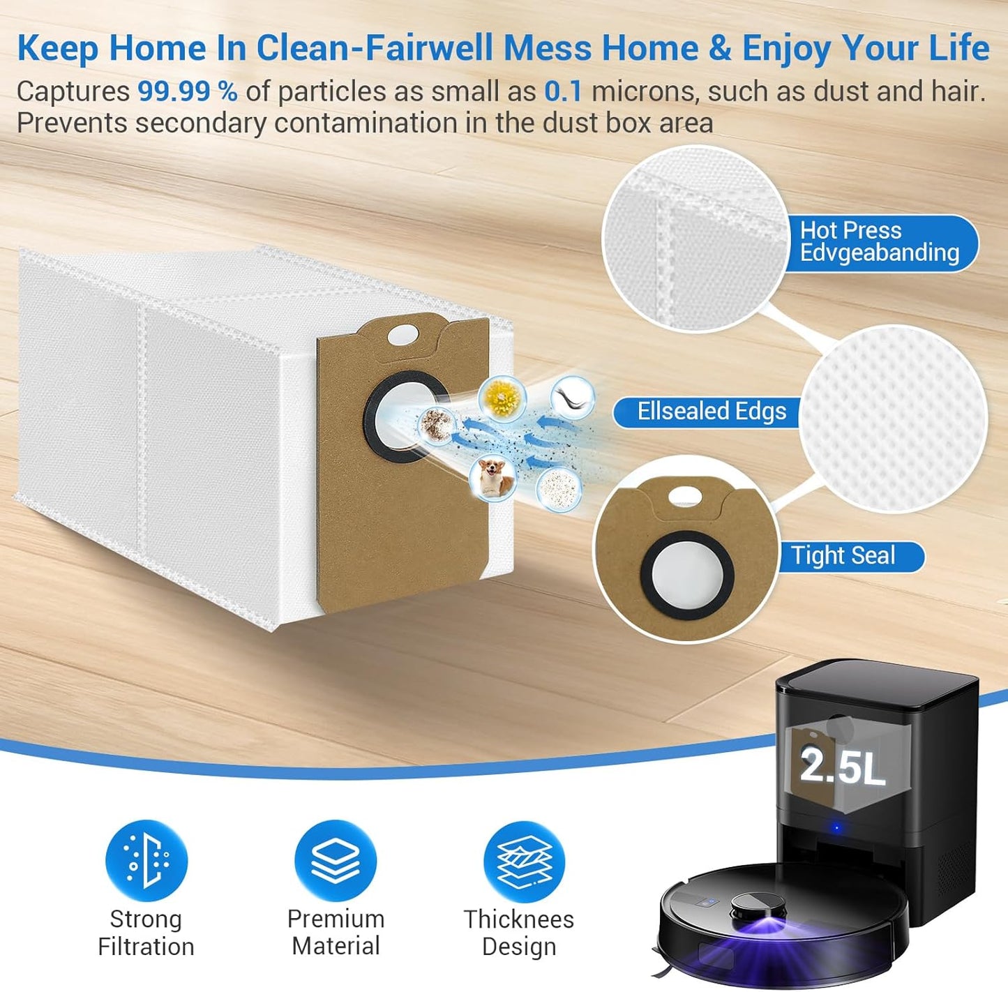 Bluevisk MS1 MAX Replacement Parts for For MONSGA MS1 MAX Robotic Vacuum Cleaner Parts with 1 Roller Brush, 4 HEAP, 6 Mop, 6 Dust Bags, 6 Side Brushes, 1 Clean Brush