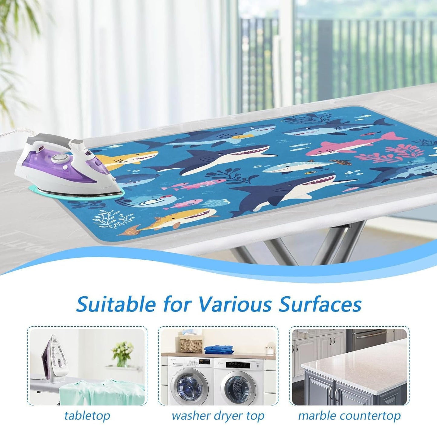 Sharks Fishes and Seaweed Blue Ironing Mat Thickened Ironing Blanket Travel Portable Double-Side Using Ironing Pad Travel Isolate Heat Pad Cover for Washer Dryer Table Top Countertop 27.6x47.2i
