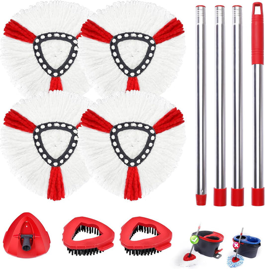 Mop Heads Replacements Complete Combo for O-Ceda,4 Pcs Red Machine Washable Microfiber Spin Mop Refills Replace Heads,2 Scrub Brushs,1 Base,1 Set Handle,Spin Mop Replacements for Tub and Tile Cleaning