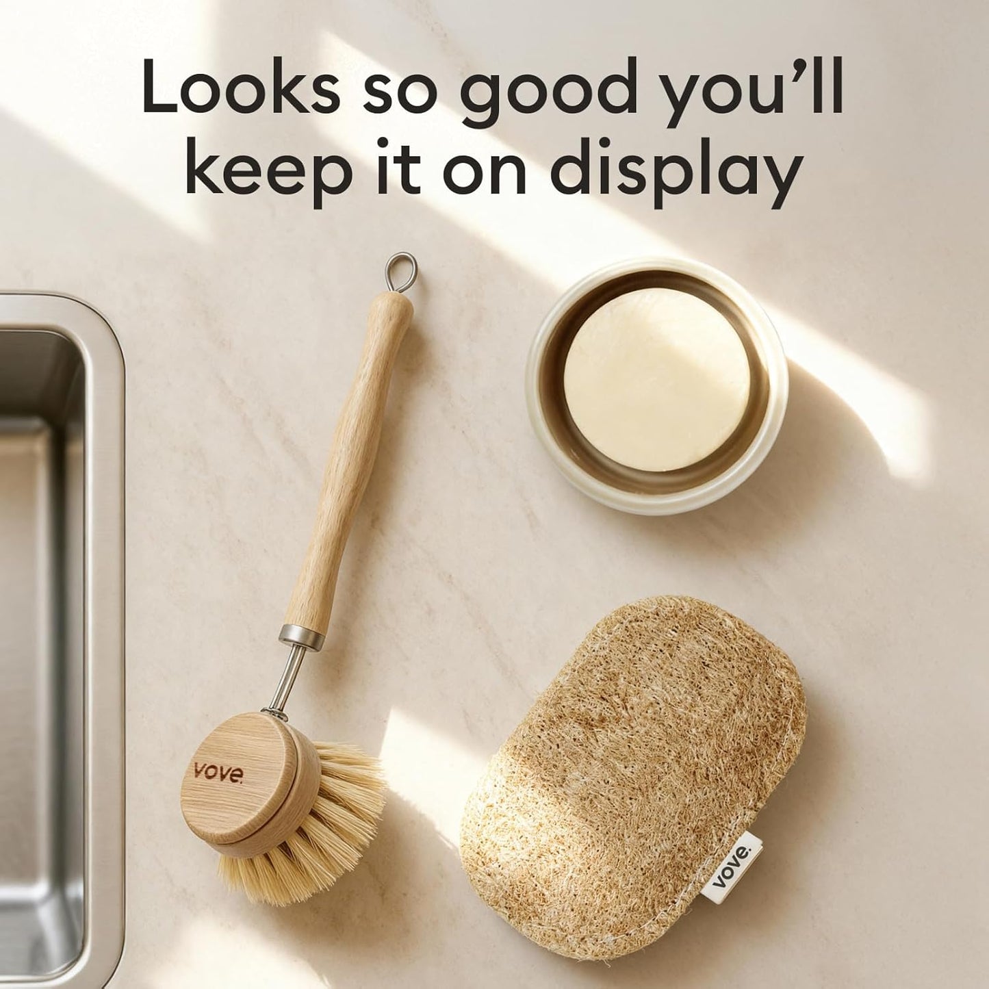 Vove Cleaning Duo, Bamboo Dish Brush Set and Natural Dish Sponges, FSC-Certified Bamboo, Sisal, Loofah, Cellulose, Plastic-Free, Eco-Friendly Zero-Waste Kitchen Dish Scrubber Set