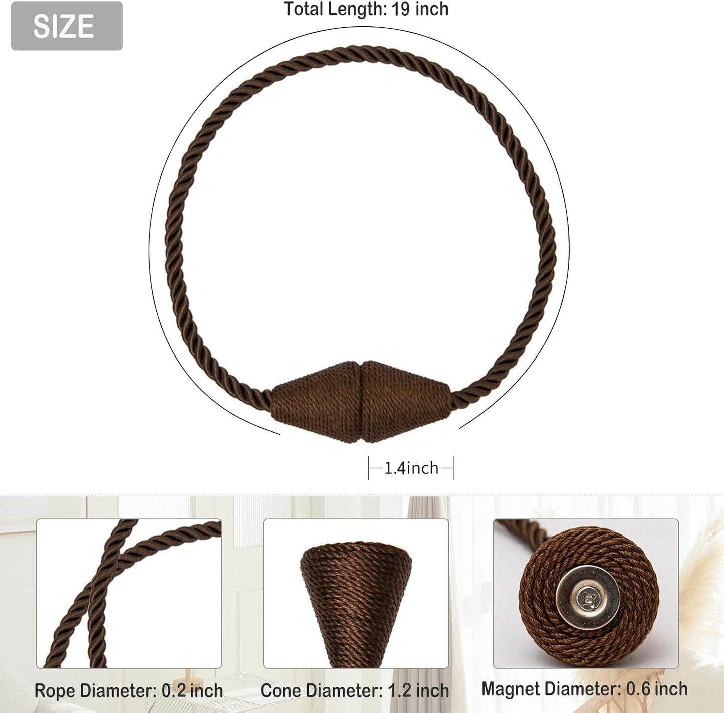 Magnetic Curtain Tiebacks 2 Pack Outdoor Rope Curtain Tie Backs Decorative Window Treatment Holdbacks for Home Decorative Curtain, Coffee