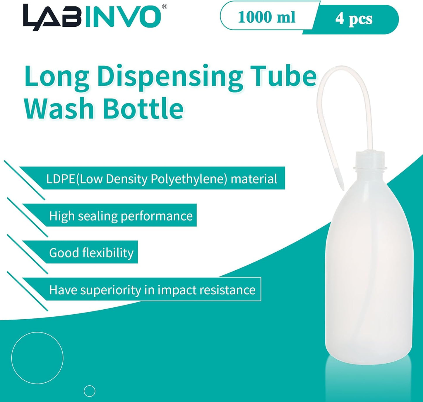 4pcs of Economy Wash Bottles, Vol.1000ml (34oz), Narrow-Mouth Squeeze Bottles Bottles, LDPE Material, with Long Dispensing Tube,IN-WBNL1000