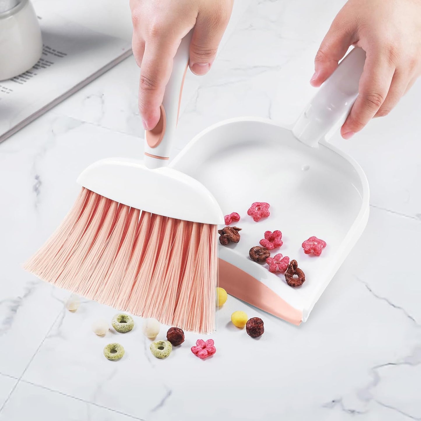 NACENA Small Dust Pan and Brush Set, Mini Broom and Dustpan Set Small Hand Broom and Brush Combo Dust Pan with Teeth for Home Cleaning Drawers Desktop Sofas Pet Care and Outdoor, Pink