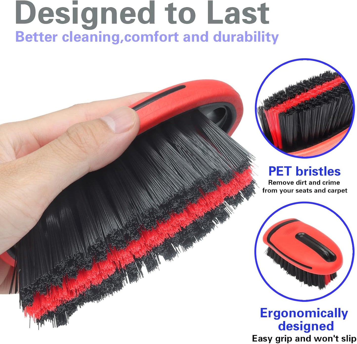 Carpet and Interior Cleaning Brushes, car Cleaning Brushes, Carpet Washing Brushes, Hard Bristle Detail Brushes, car and Home Interior Leather Brushes (Red)