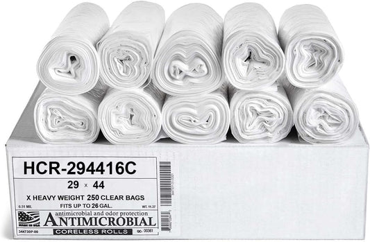 Aluf Plastics High Density Trash Bags, 26 Gallon, 250 Count, 16 Micron (eq), 29" x 44", Clear, for Bathroom, Office, Industrial, Commercial, Janitorial, Municipal, Recycling