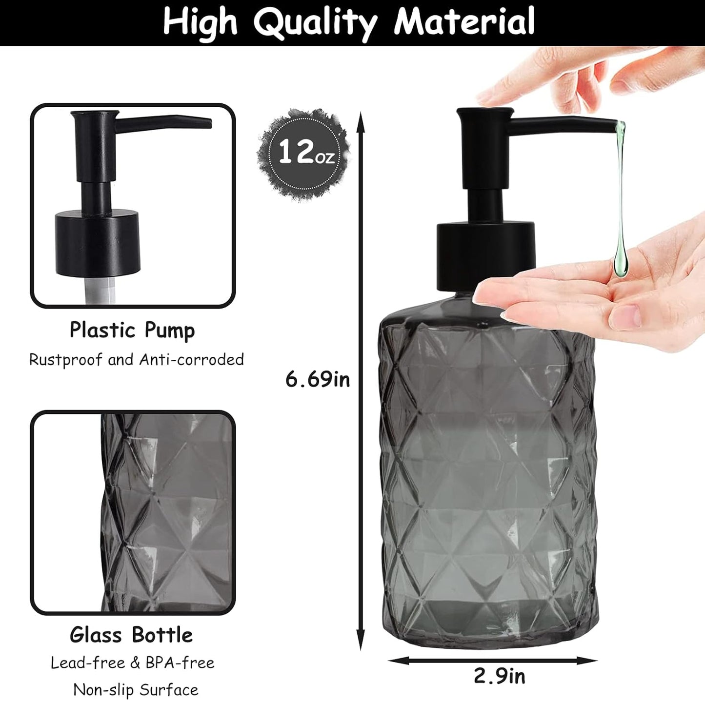 Glass Soap Dispenser with Black Plastic Pump, 12oz Refillable Liquid Hand Soap Dispenser, Crystal Lotion Bottle for Modern Home Decor, Bathroom, Kitchen Countertop, Hotel