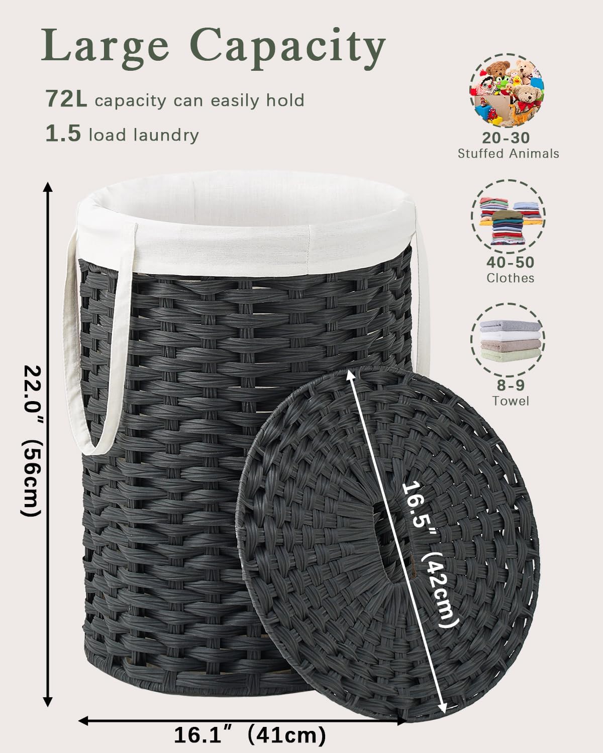 Laundry Hamper with Lid Laundry Basket with Lid 19.0 Gal (72 L) Round Wicker Laundry Basket Handwoven Rattan Basket with Lid Removable Bag 2 Mesh Bags Handles for Living Room Bathroom Black