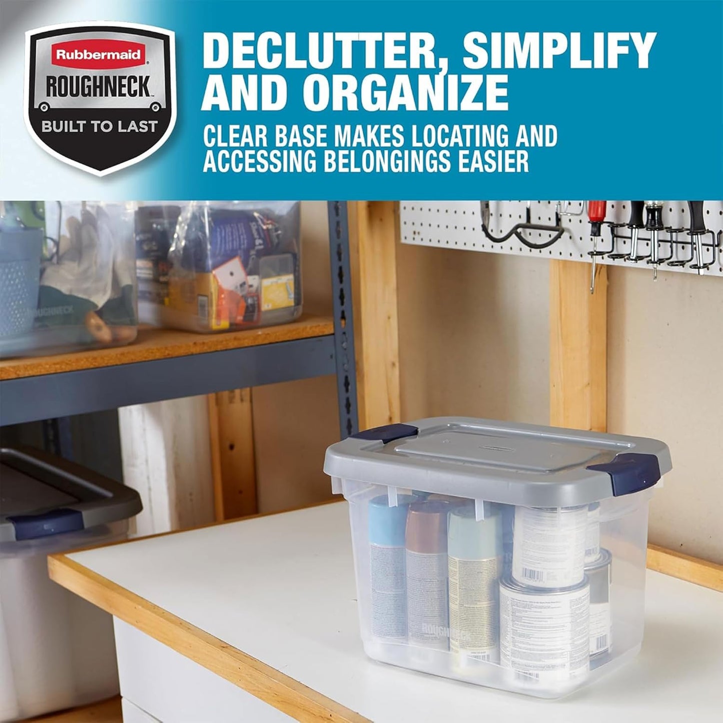 Rubbermaid Roughneck Clear 19Qt/ 4.75 Gal Storage Containers, Pack of 6, with Snap-Fit Grey Lids, Visible Base, Sturdy and Stackable, Great for Storage and Organization