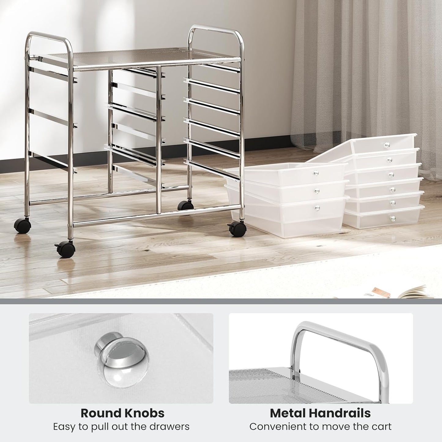 GOFLAME 9-Drawer Rolling Storage Cart, Mobile Utility Cart with Removable Drawers & Metal Frame, Art Craft Organizer Cart with Lockable Wheels, Storage Drawer Cart for Home Office, School, Clear