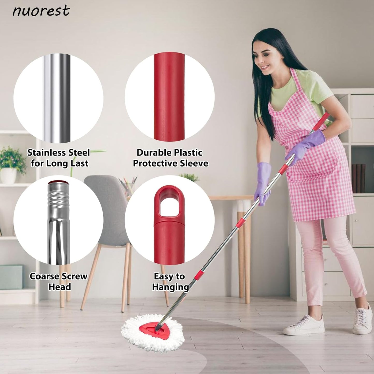 Spin Mop Replacement Set for O-Ceda EasyWring 1-Tank System, Includes 2 Mop Head Replacement, 1 Mop Handle (30-58in Adjustable 4-Section Pole), 1 Scrubber Head, 1 Spin Base