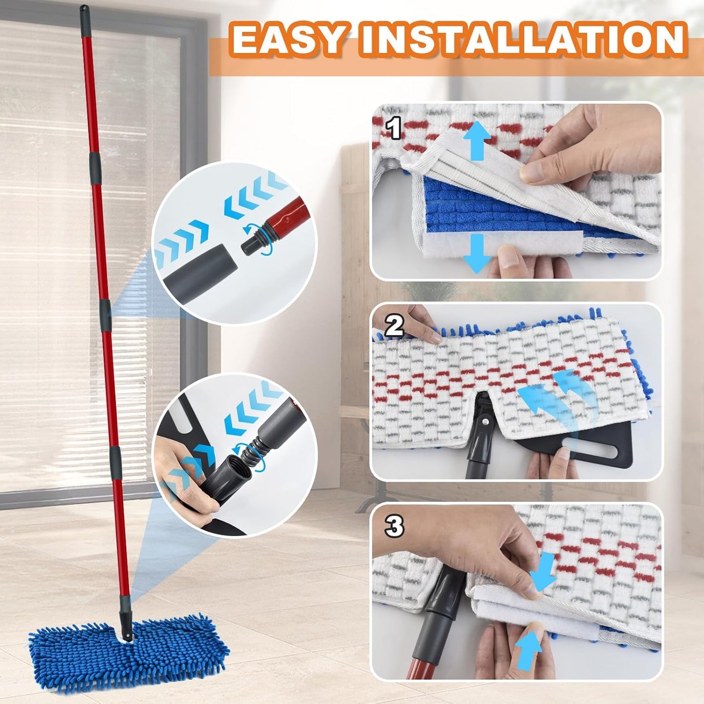 Microfiber Mops for Floor Cleaning, Flat Mop for Wet & Dry Use, Dust Mop for Hardwood Floors with 3 Reusable Pads for O Cedar Hardwood Floor 'N More 3-Action Mop and Extendable 58" Long Handle