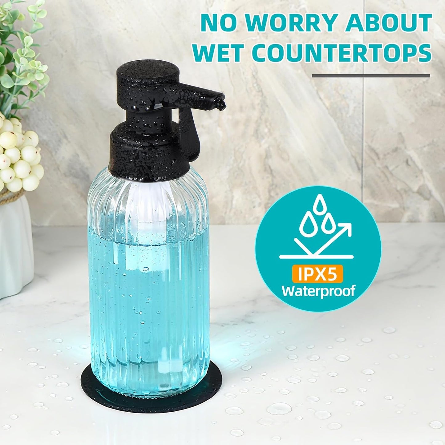 Automatic Foaming Soap Dispenser, 17oz Clear Glass Hand Soap Dispenser with ABS Touch Sensor Pump Battery Operated, Dish/Hand Soap Refillable for Bathroom Kitchen (Black)