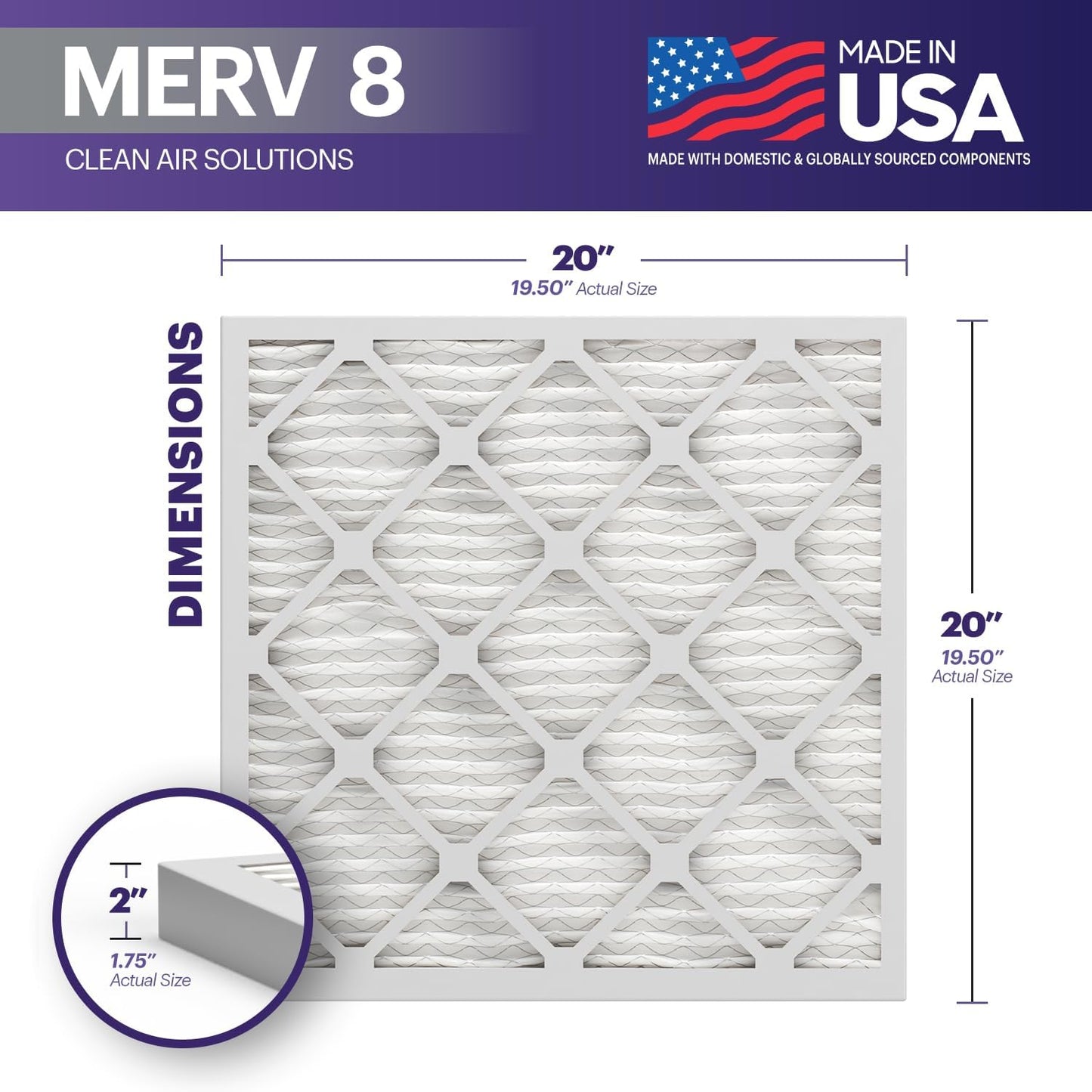 BNX TruFilter 20x20x2 Air Filter MERV 8 (4-Pack) - MADE IN USA – Dust & Pet Defense Electrostatic Pleated Air Conditioner HVAC AC Furnace Filters for Dust, Pet, Mold, Pollen MPR 600 – 700 & FPR 5
