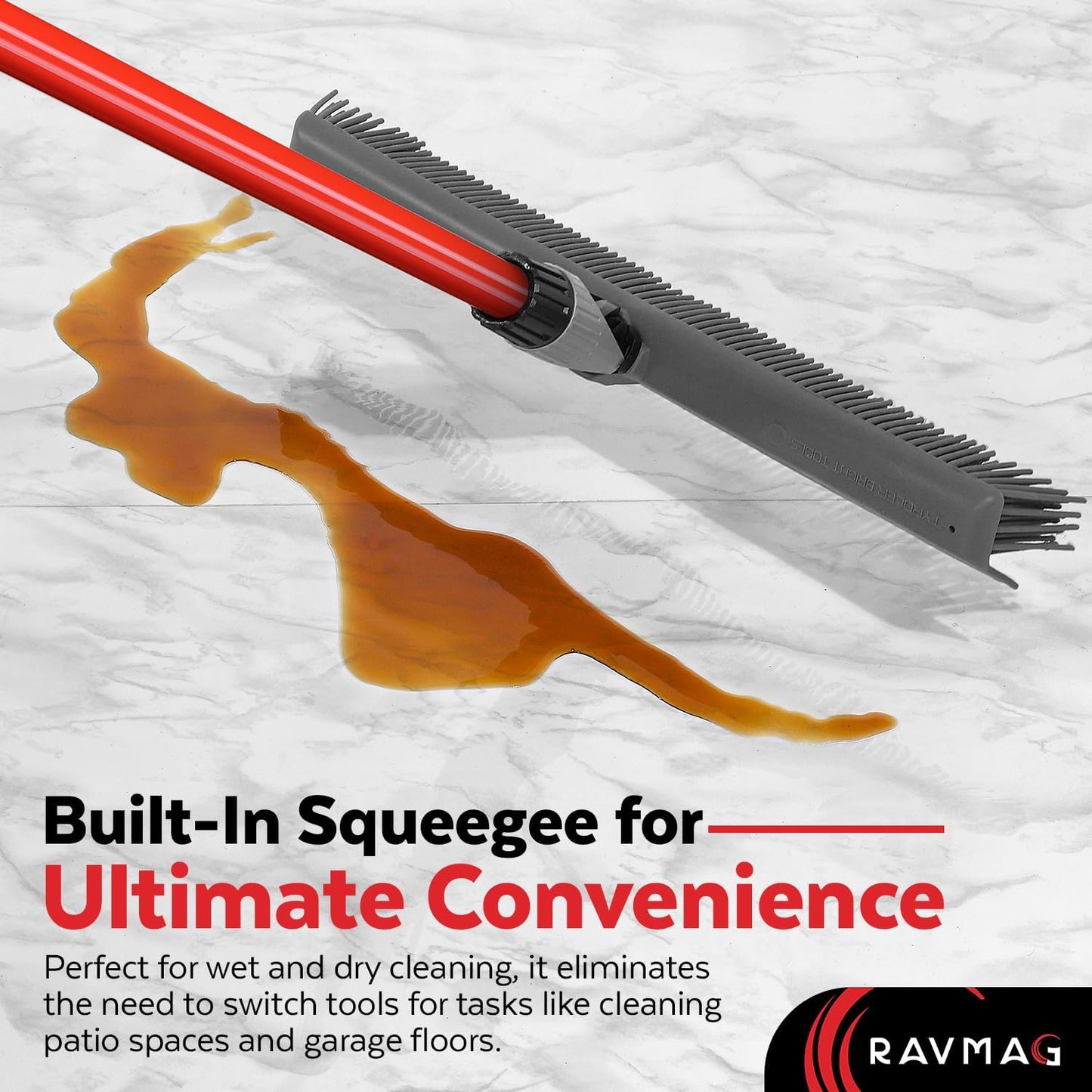 2-in-1 Silicone Rubber Broom Carpet Rake and Squeegee - Swivel Pet Hair Removal Broom with 1 Piece Long Handle - Slanted Side Bristles for Corners - Multipurpose Broom for Carpet, Hardwood Floor, Tile