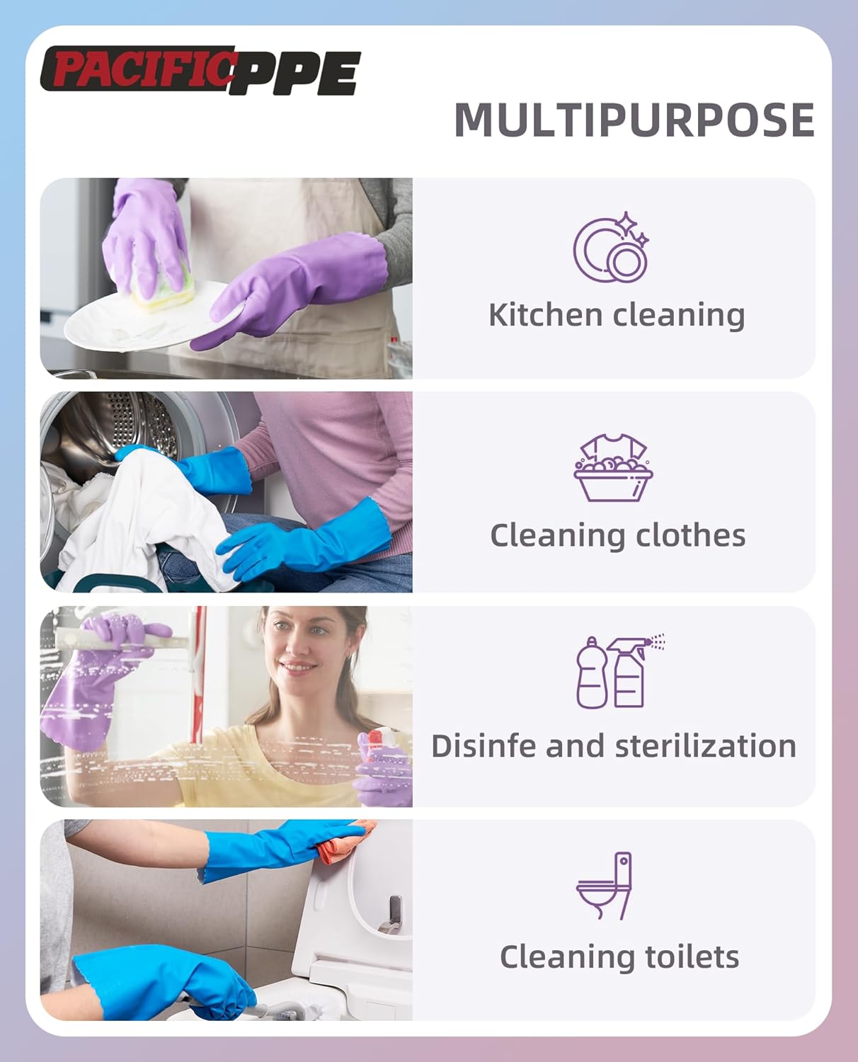 PACIFIC Cleaning Gloves with Latex free, Dishwashing Kitchen Gloves with Cotton Flocked Liner, Reusable, Non-Slip, Water Resistant Household Gloves, Blue, Medium