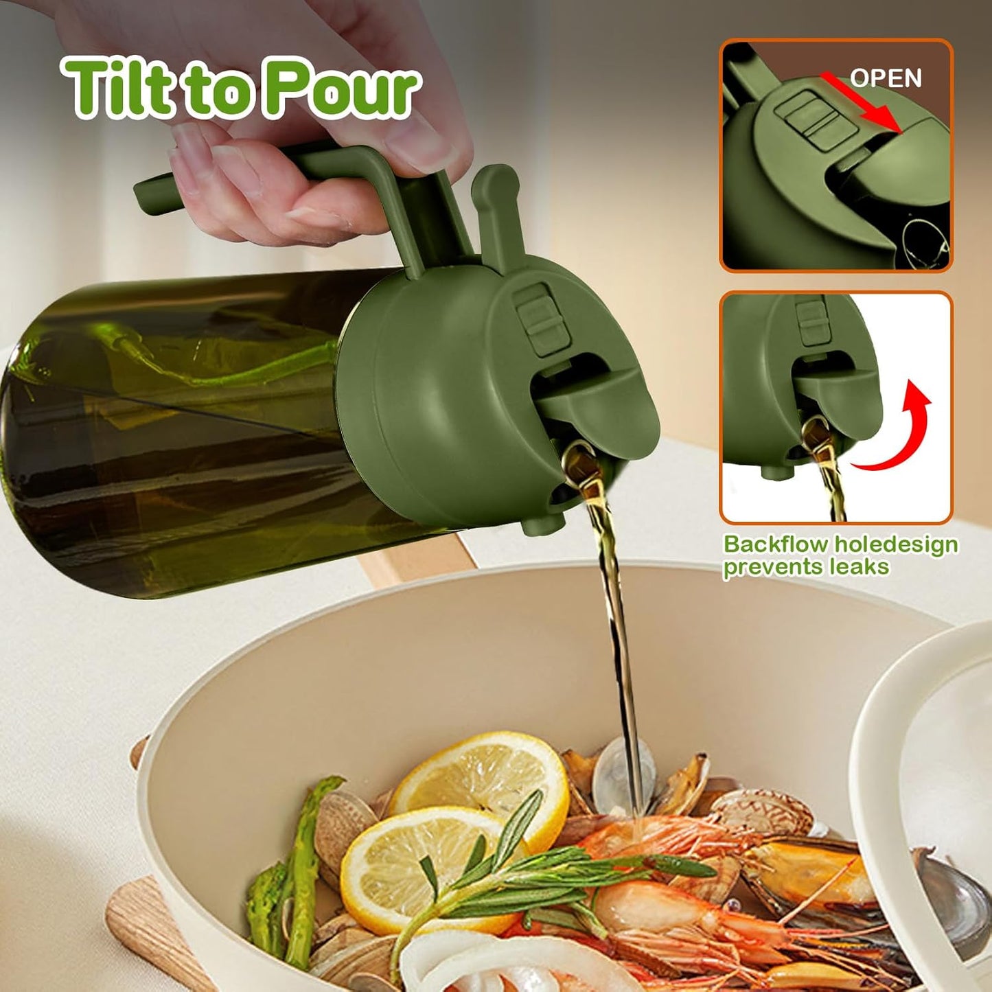 YARRAMATE 2Pcs 16oz/470ml Dark Green Oil Sprayer for Cooking with Stickers, Food-grade Premium 2 in 1 Olive Oil Dispenser Bottle for Kitchen Gadgets, Air Fryer, Salad, Frying, BBQ (Black&OliveGreen)