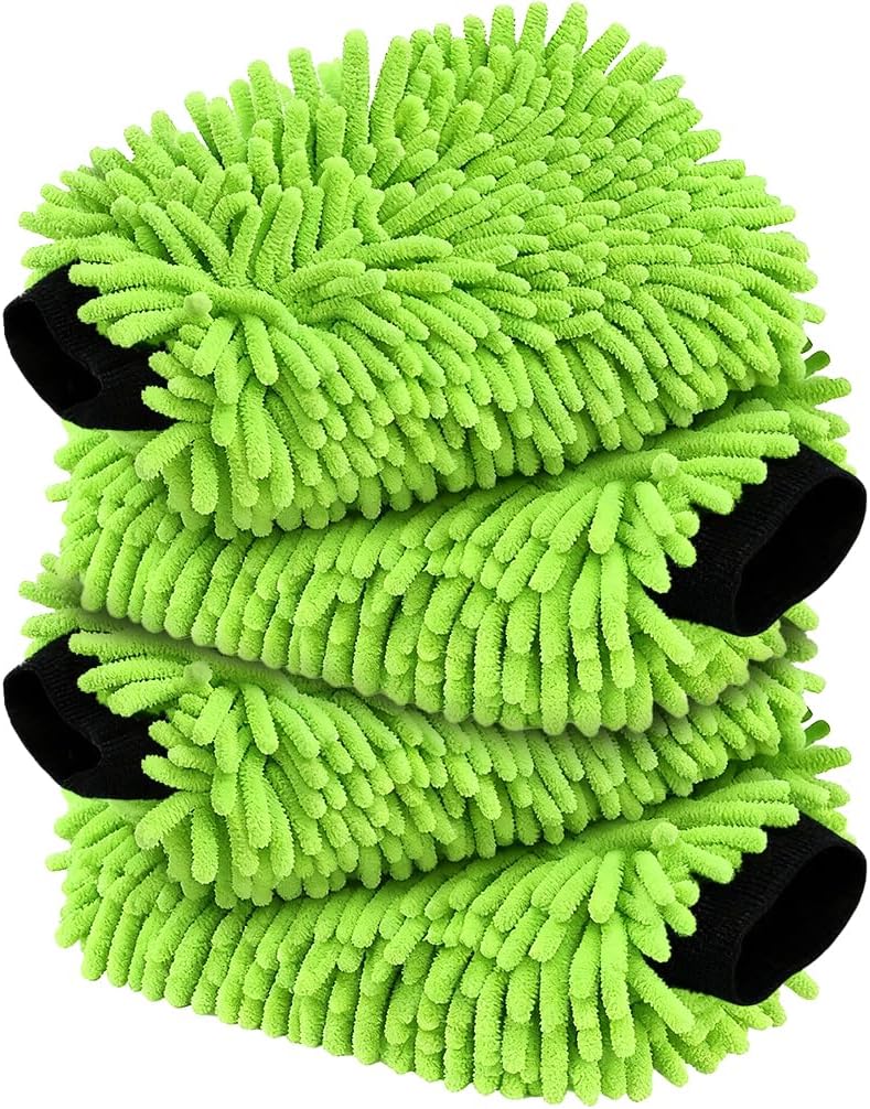 Car Wash Mitt Microfiber, Premium Chenille Microfiber Wash Car Mitts Sponge Scratch Free & Lint-Free, Mitts Waterproof Lining 4 Pack Green (8''X12'')