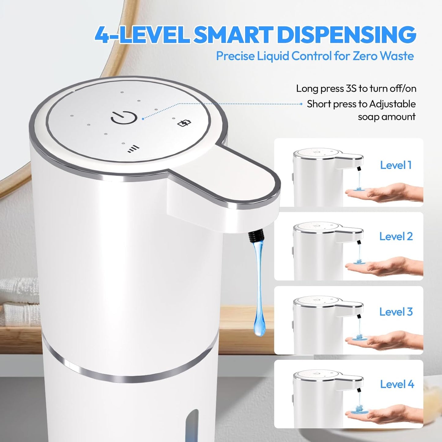 Automatic Soap Dispenser Touchless,Liquid Hand Soap Dispenser 12.8oz USB 4levels Adjustable Dispenser Electric Wall Mounted Smart for Bathroom and Kitchen Dish Soap，Easy for Toddlers(White)