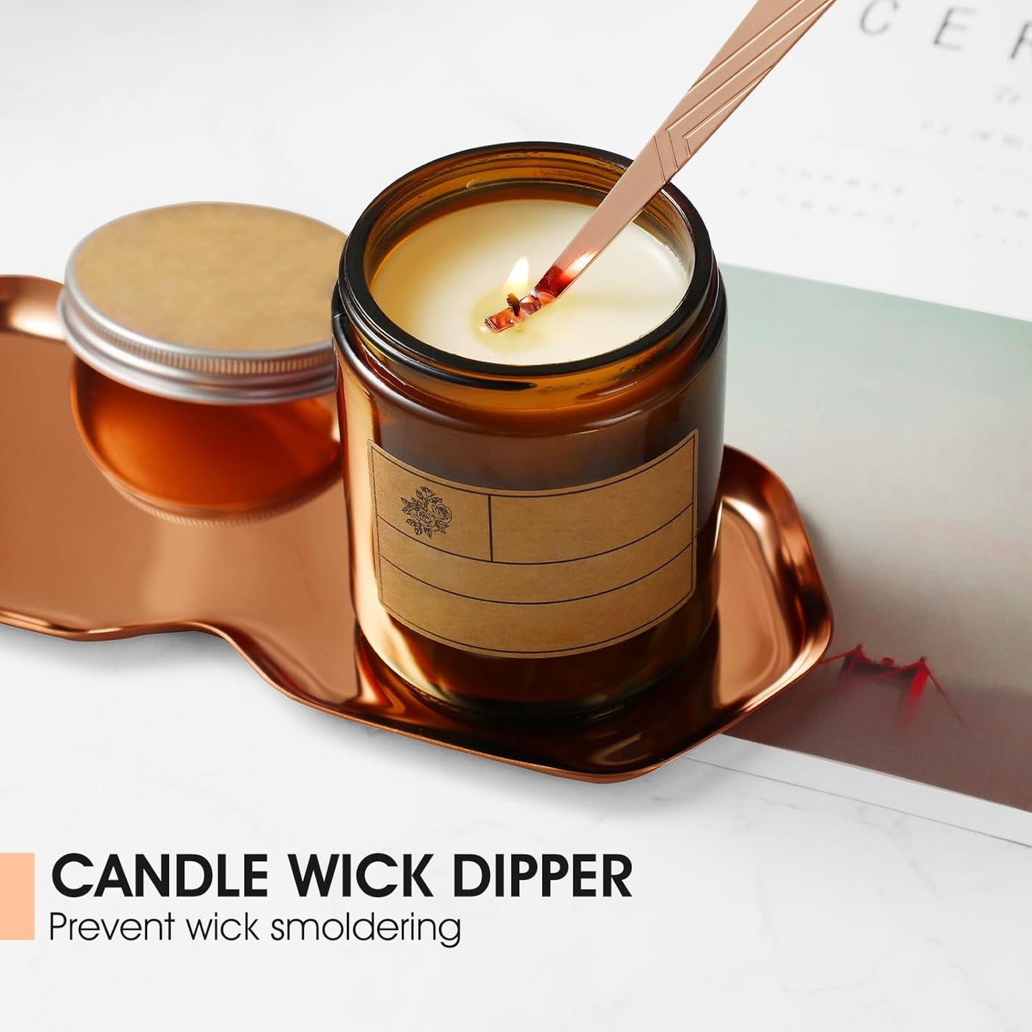 PATOISE 4 in 1 Candle Accessory Set, Wick Trimmer, Candle Snuffer, Wick Scoop,Storage Tray,Perfect for Candle Lovers (Rose Gold)