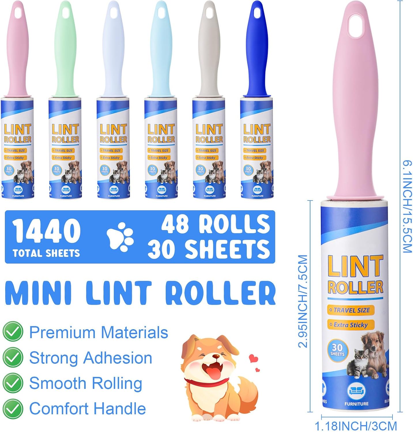 Hushee 48 Pack Bulk Mini Lint Roller for Travel 1440 Sheets 6'' Small Lint Removers Portable Lint Roller Travel Size Removers Sticky Removing Tool for Pet Hair Clothes Furniture Car Seat