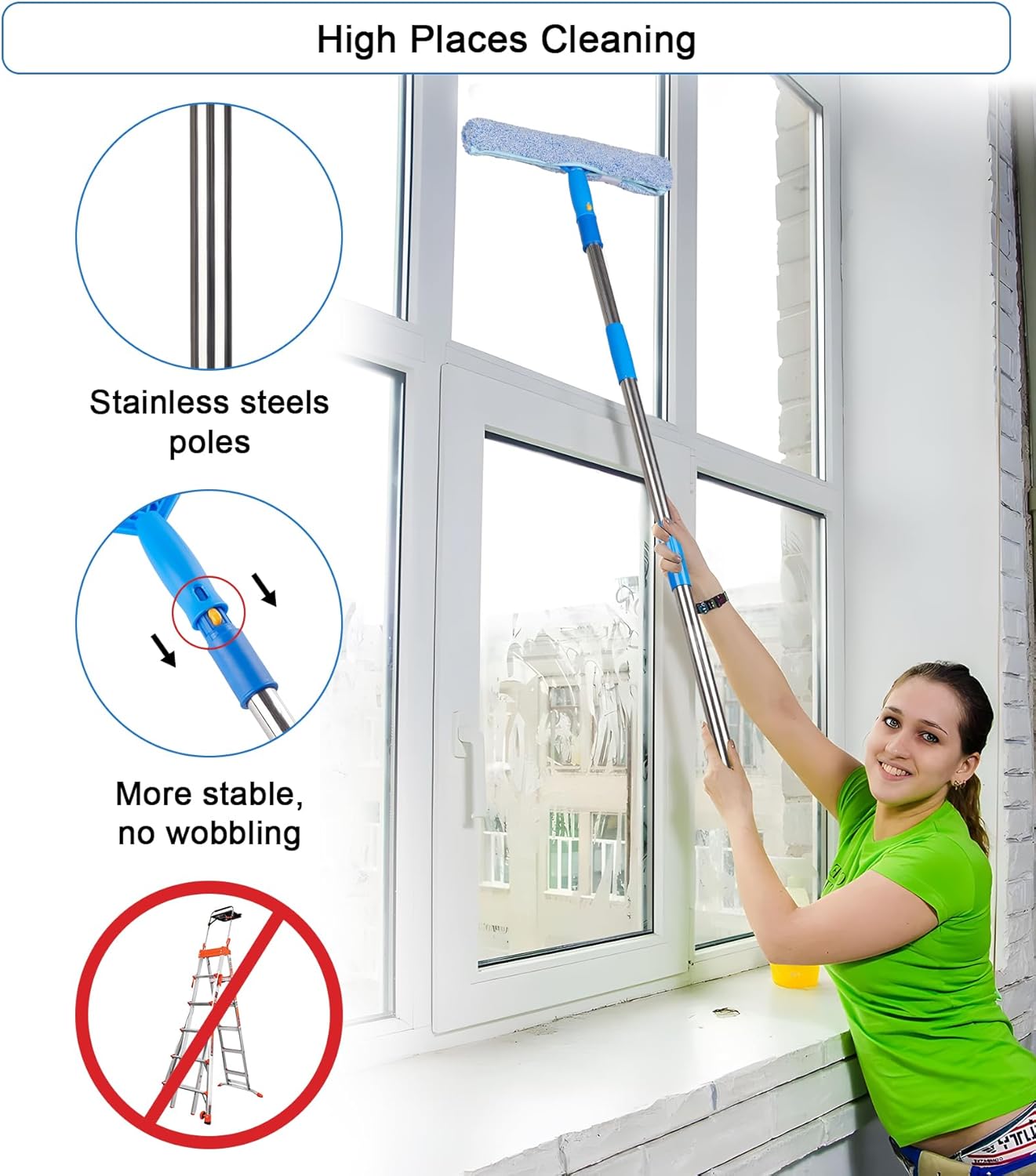 Window Squeegee Cleaner with 4 Stainless Steel Extension Poles,Long Reach to 58inch, Scrubber, Glass Scraper, Bendable Duster, 2 Scrubber Cloth for Window, Car, Professional Cleaning Kit