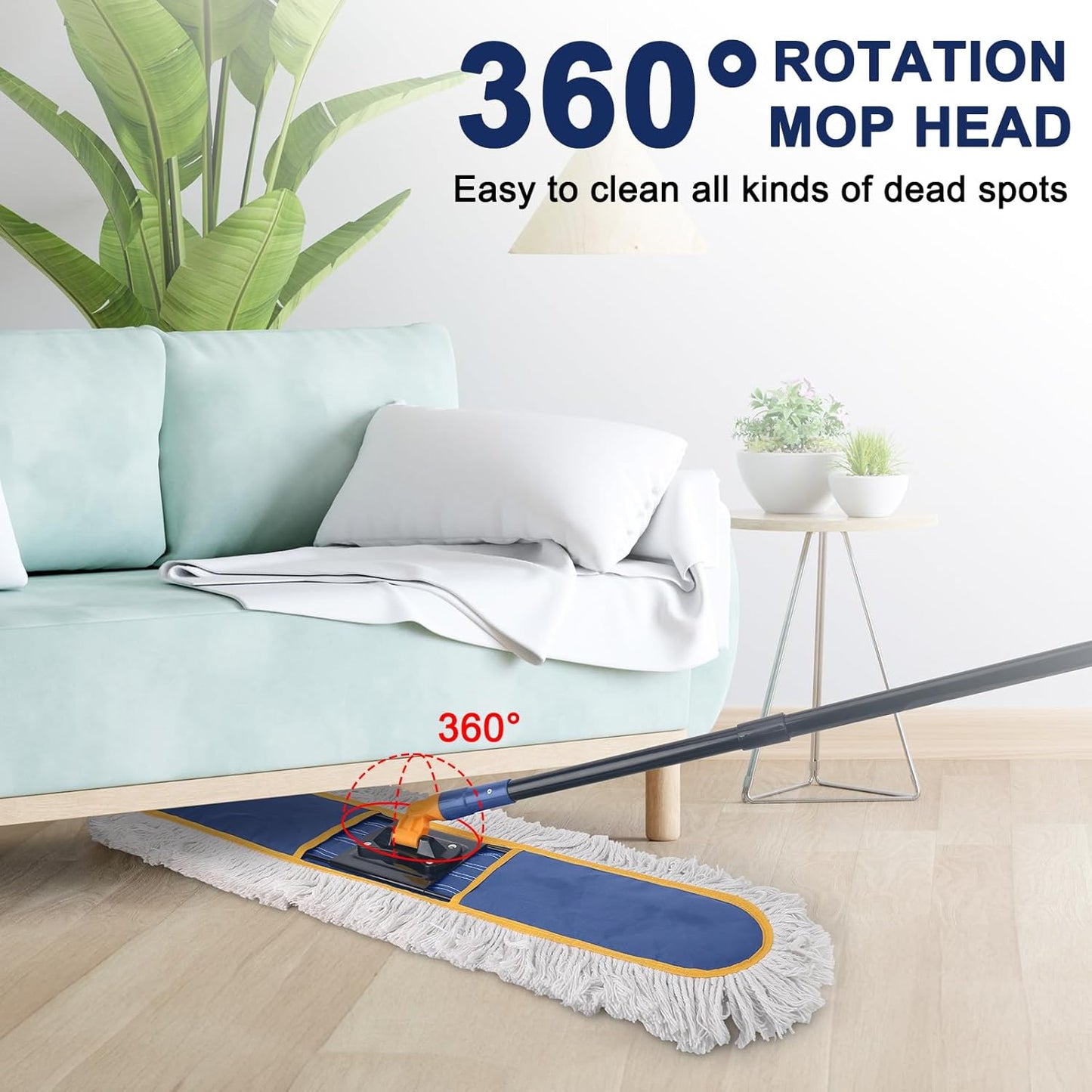 24" Commercial Dust Mop for Floor Cleaning,Heavy Duty Floor Duster with 2 Cotton Reusable Mop Pads,59” Long Handle Wet Dry Flat Mops for Hardwood Floors,Marble, Laminate,Tile,Concrete,Garage (Blue)