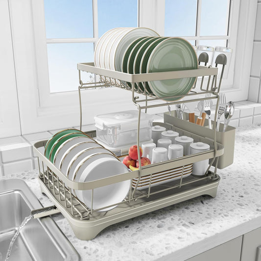 Dish Drying Rack for Kitchen Counter,Two-Tier Dish Rack with Utensil Holder, Auto-Draining Dish Racks, Large Capacity Dish Drainer Organizer for Plates, Bowls, Cups with Drainboard Grey