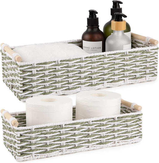 OIAHOMY Toilet Paper Baskets Handmade Paper Rope Decorative Wicker Storage Tank Shelf Cabinet Organizer for Bathroom Home, Set of 2, Green & White