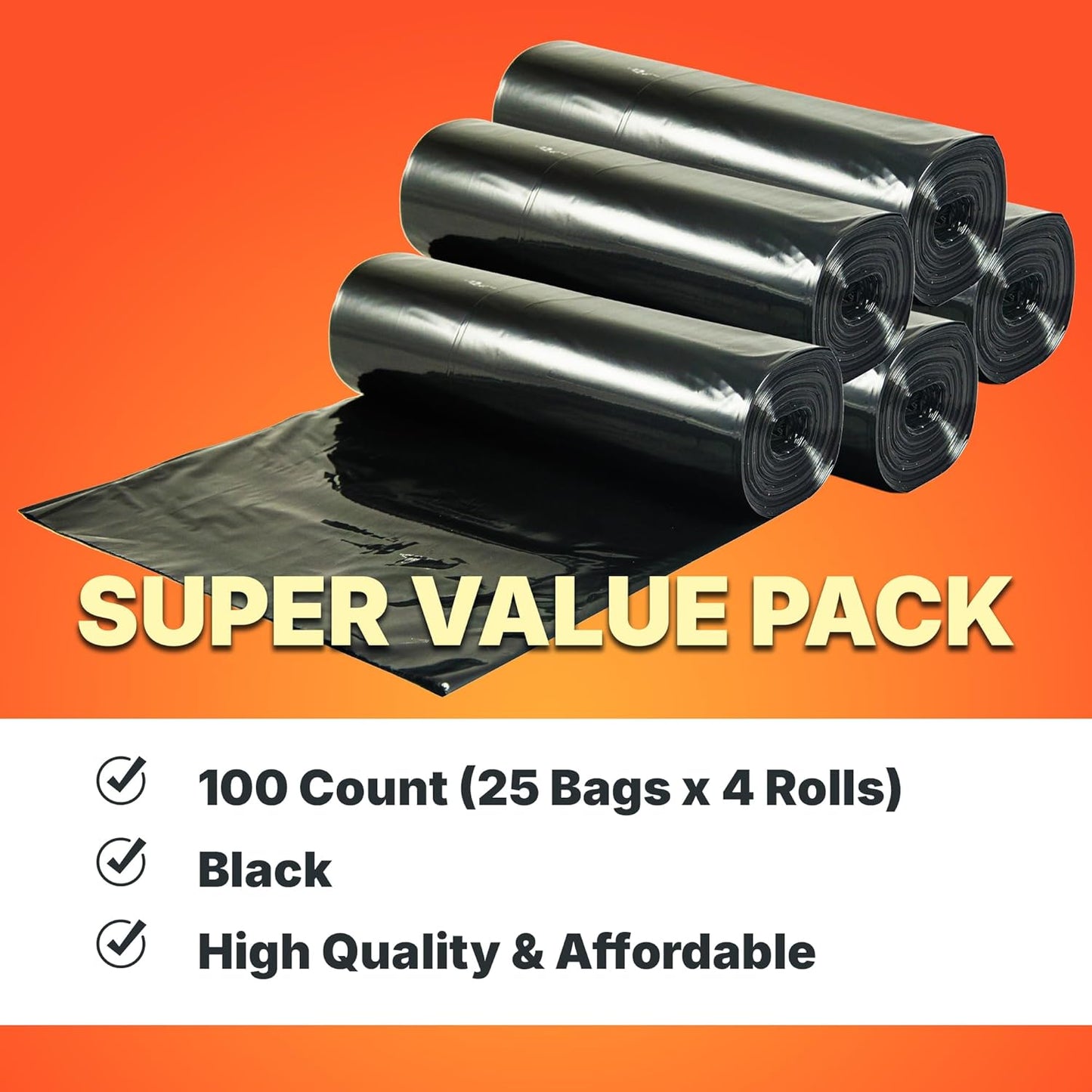 45 Gallon Trash Bags, 30 Micron Heavy Duty Pure LDPE Garbage Can Liners, 40" x 46" Large, Black, 100 Count