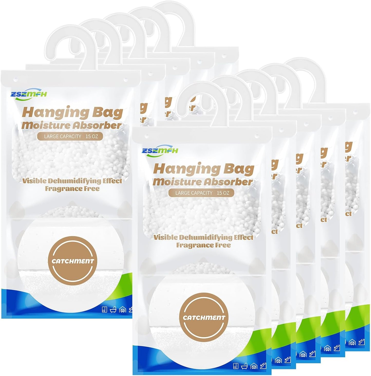 ZSZMFH 10 Pack Moisture Absorber Hanging Bags, Fragrance Free Humidity Packs, 15 OZ Dehumidifier Bags Effectively Trap Extra Moisture,Hanging Closet Dehumidifier Bags-425g/pack