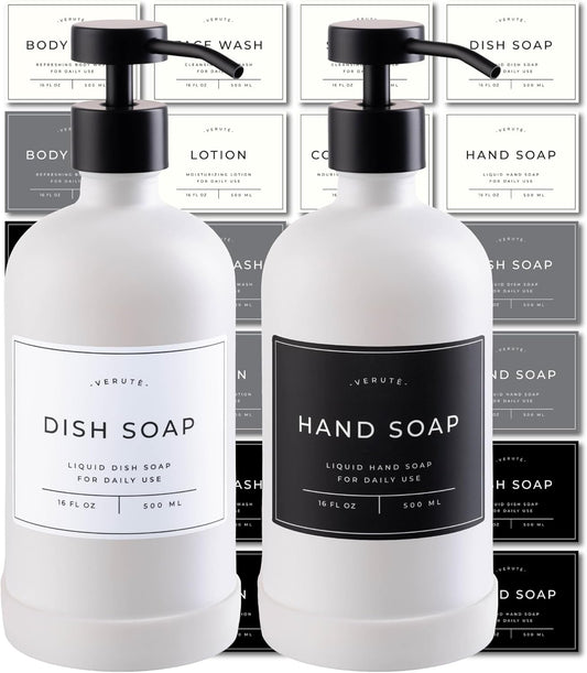 16oz Glass Soap Dispenser with Stainless Steel Pump, 21 Waterproof Labels, Non-Slip Protective Silicone Pad, Set of 2 for Bathroom & Kitchen (Matte White Bottle/Black Pump)