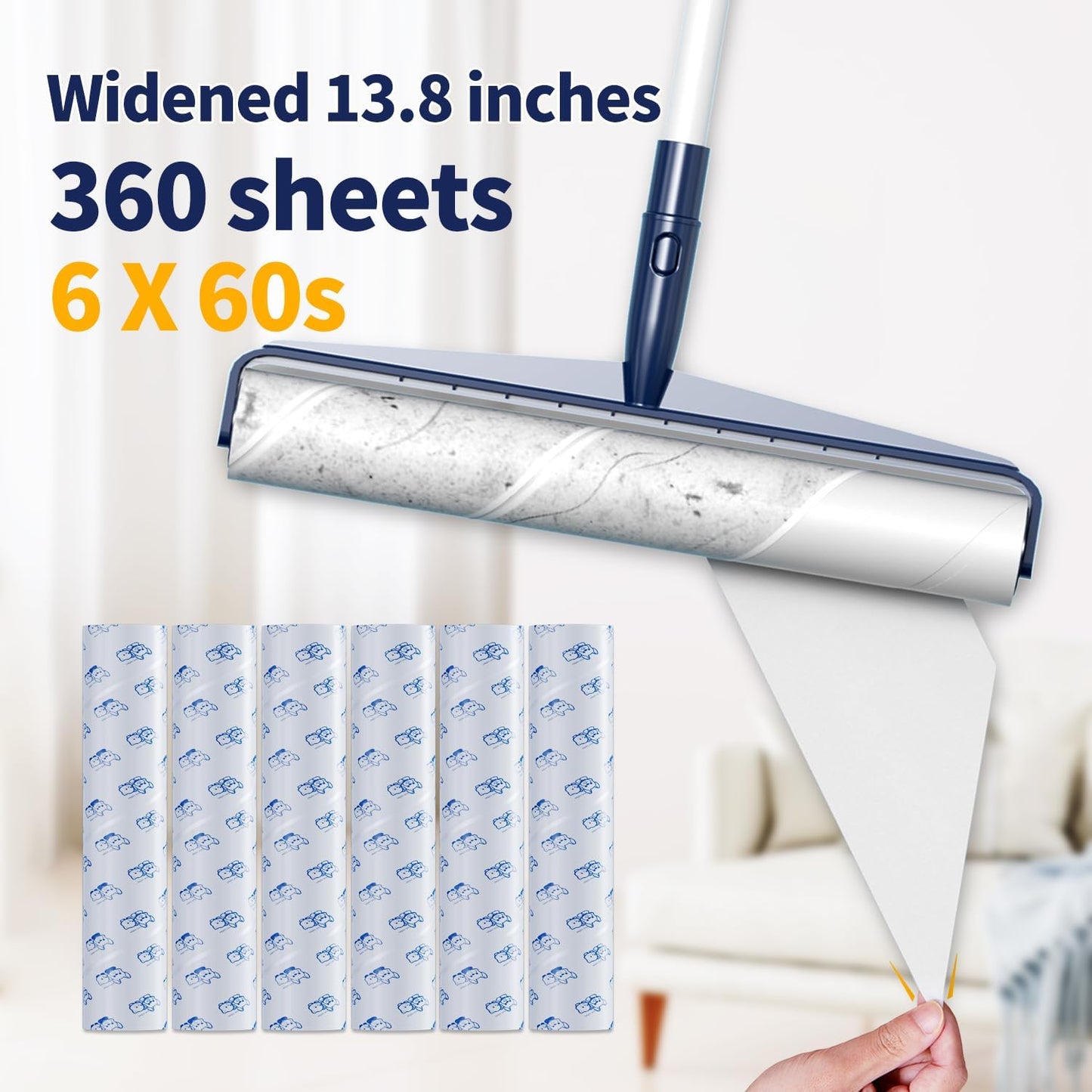 13.8in Large Size Floor Lint Rollers for Pet Hair Extra Sticky 51.2in Long Handle Giant Big Hair Picker Upper from Sticky Mop for Cleaning Dog Cat Hair Animal Fur Removal Roller Couch Bed Sheet Carpet